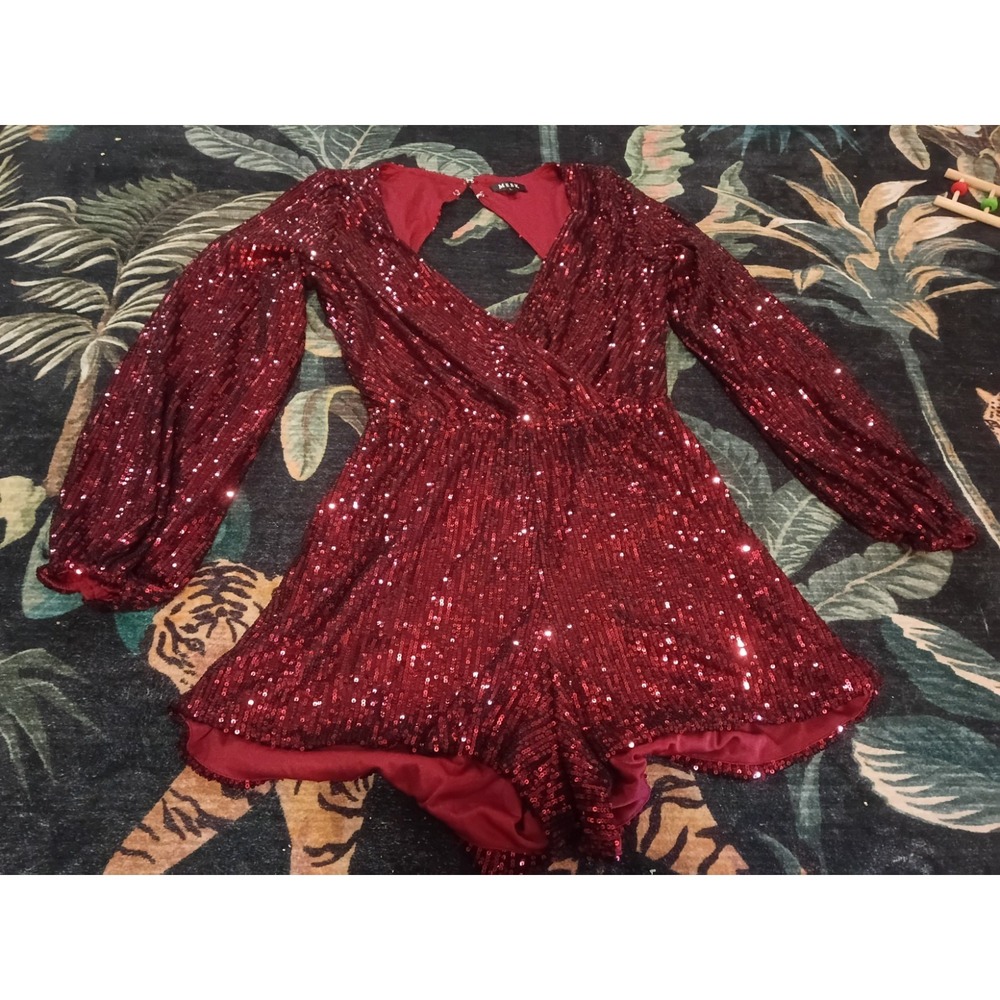 Meek Red Sequin V-Neck Long Sleeve Romper Women's Large L